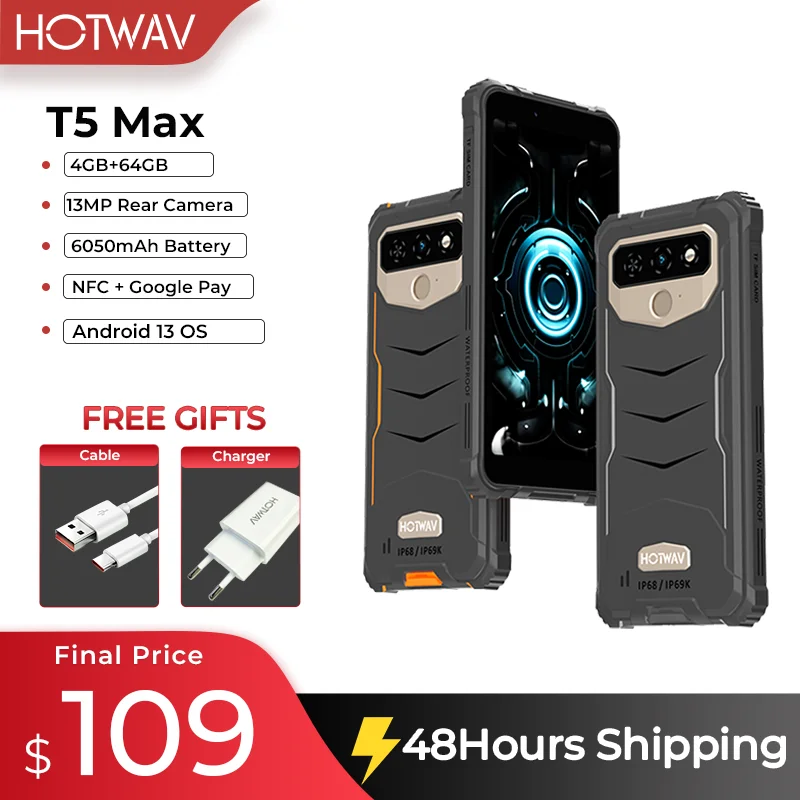 HOTWAV T5 Max 4G Rugged Phone 2023 Android 13 OS MTK6761 6.0 Inch Screen 4GB 64GB 6050mAh Massive Battery