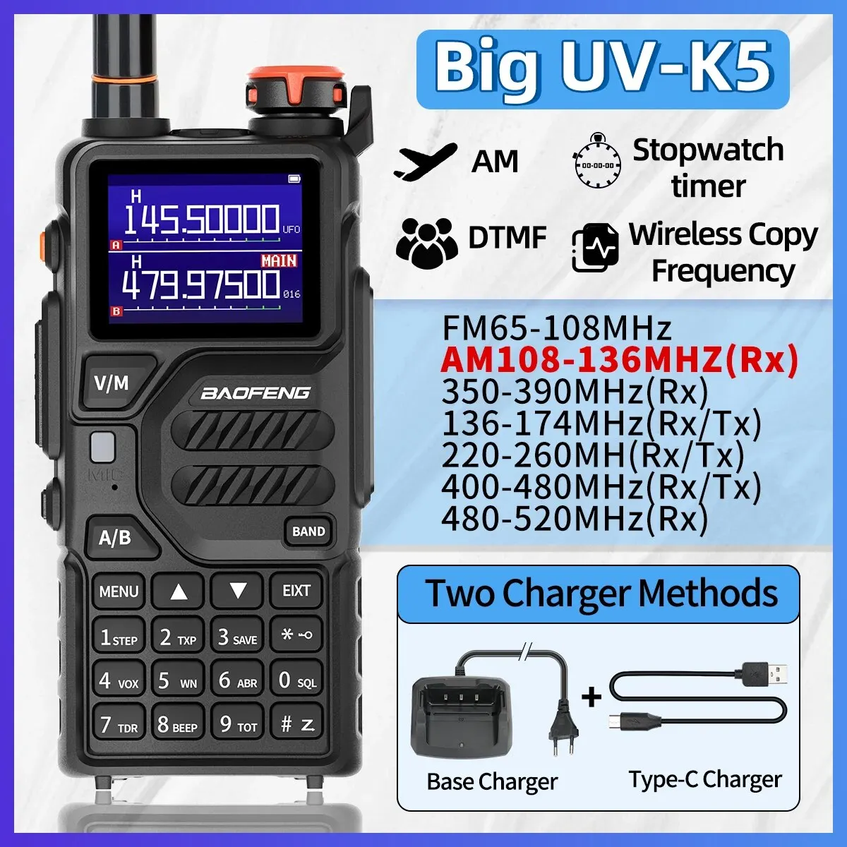Baofeng UV K5 Pro Walkie Talkie Full Band Long Range Wireless Copy Frequency Two Way Radio Type-C High Power UV K5 Ham Radio
