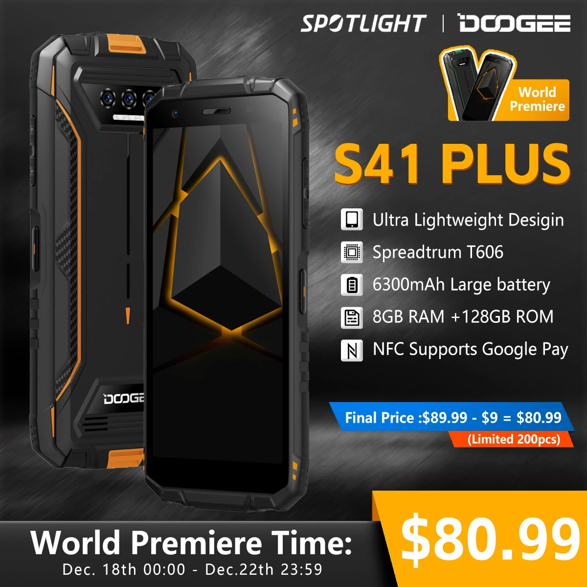 [World Premiere] DOOGEE S41 PLUS Rugged Phone 5.5″ IPS Display 4GB+128GB 6300mAh Batterty 13MP AI Camera NFC Android 13